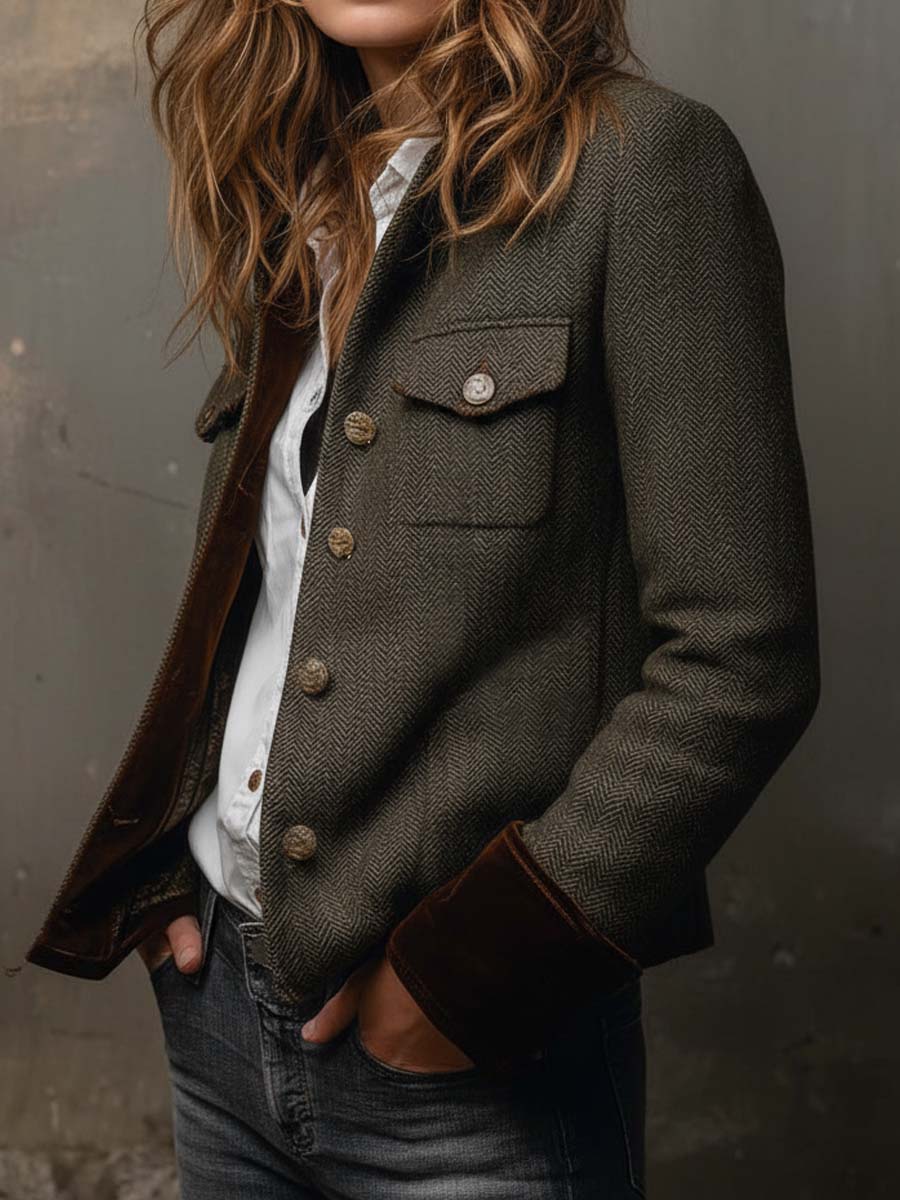Blazer de Espiga con Ribete en Contraste