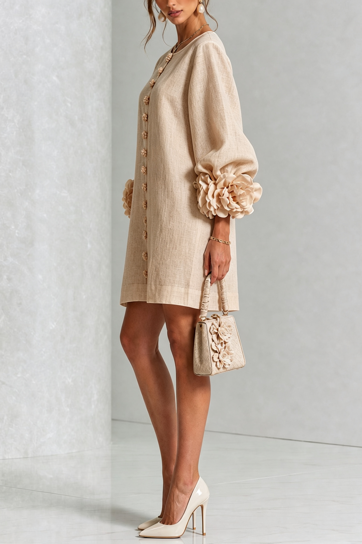 Vestido mini de lino con puños anudados