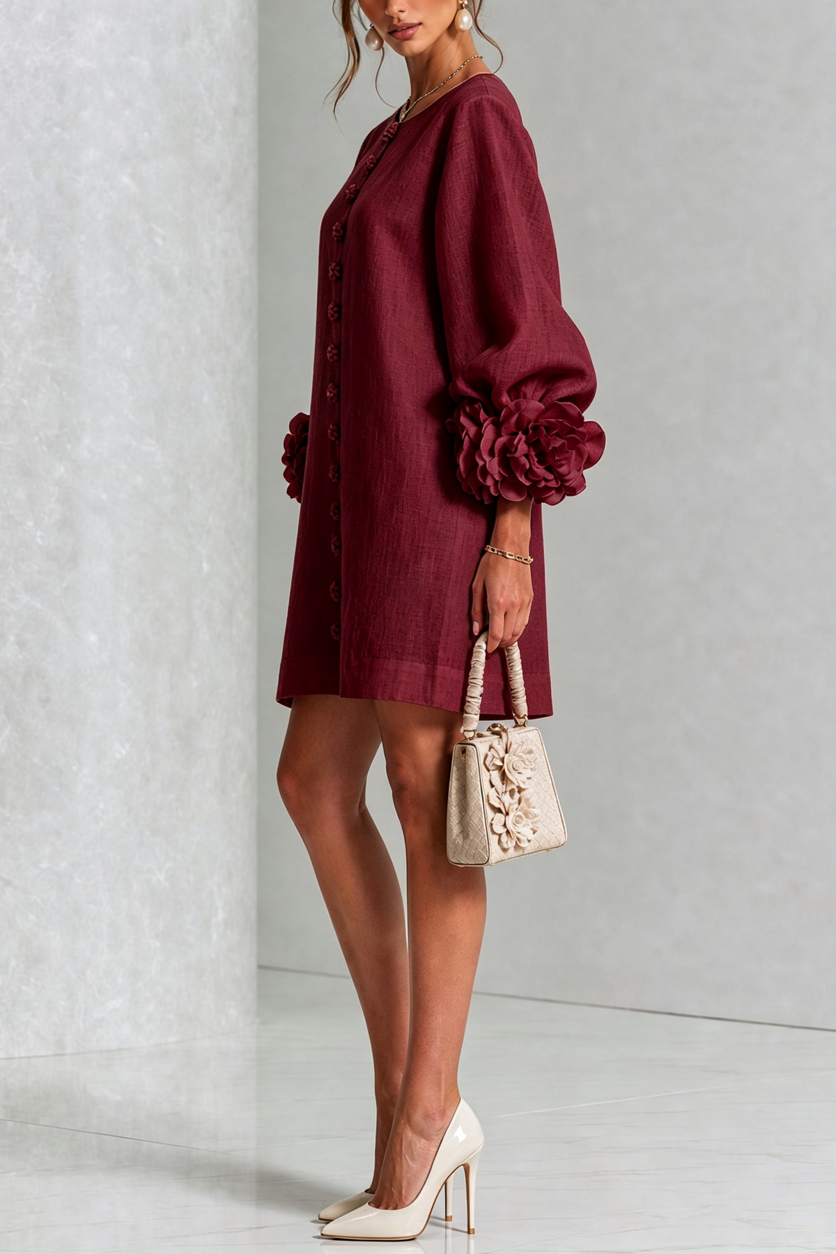 Vestido mini de lino con puños anudados