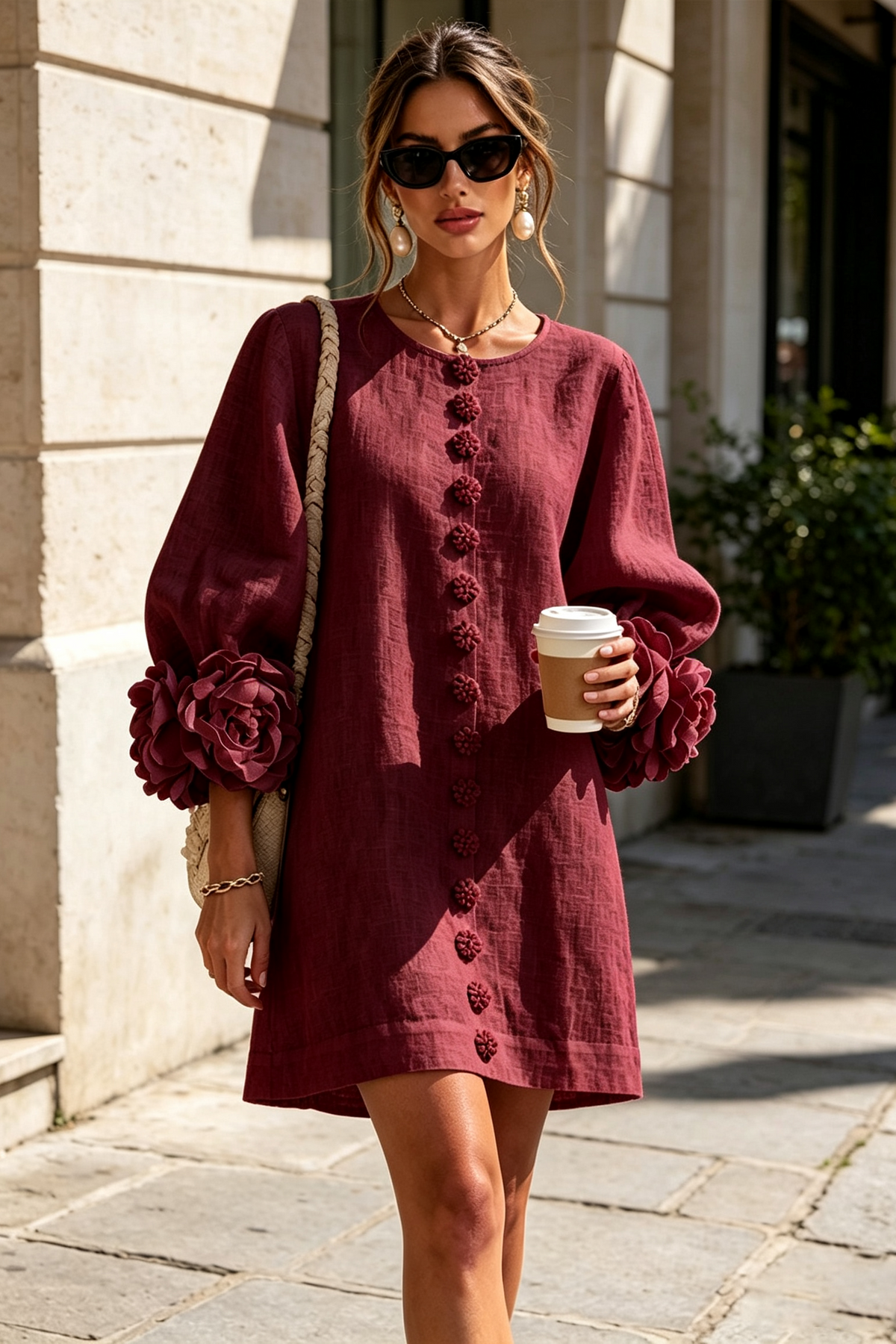 Vestido mini de lino con puños anudados