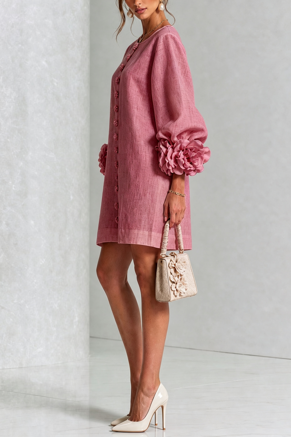 Vestido mini de lino con puños anudados