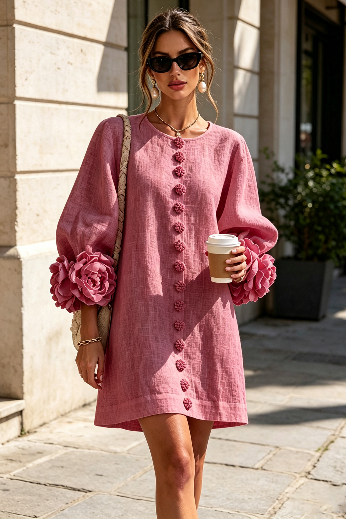 Vestido mini de lino con puños anudados