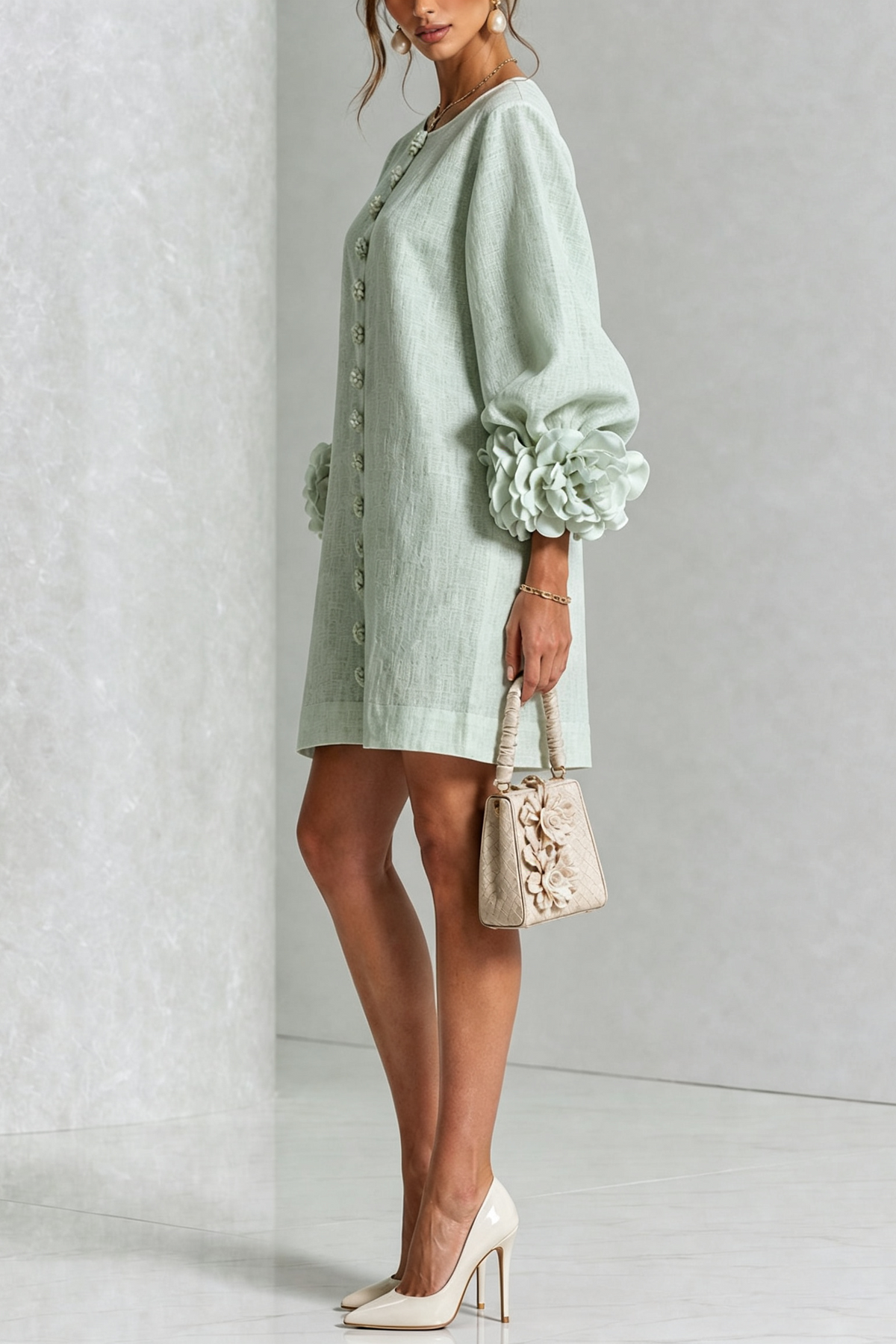 Vestido mini de lino con puños anudados