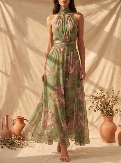 Lidia | Vestido Maxi Halter Floral Elegante