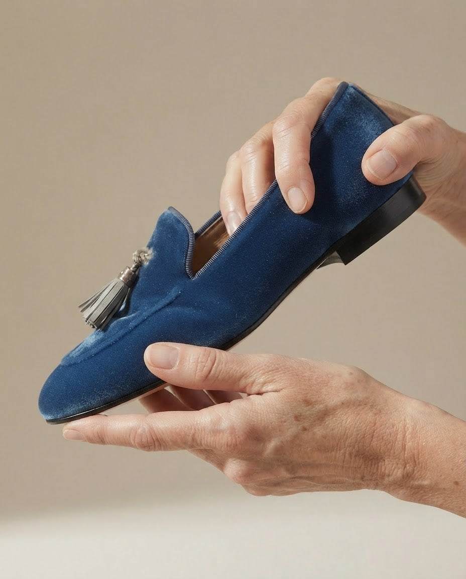 Mocasines de Terciopelo Azul con Borlas Doradas