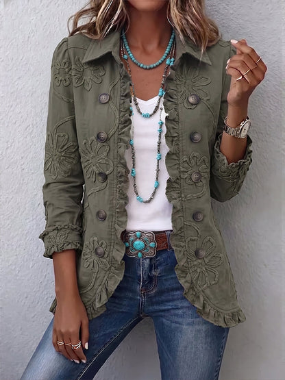 Alejandra | Chaqueta Boho-Chic con Bordado Floral y Acabados Fruncidos